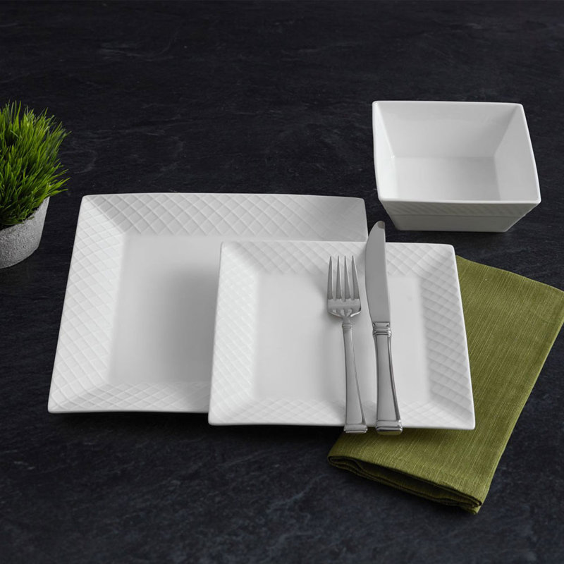 Trellis Square 16-Piece Lightweight Chip-Resistant Bone China Dinnerware Set, Service for 4