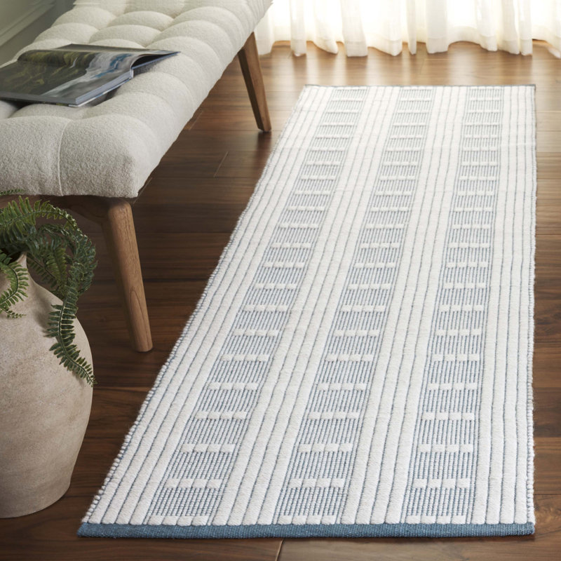 Vermont 951 Flatweave Wool/Cotton Geometric Rug in Green/Ivory, Runner 2'3" x 8', Blue 
