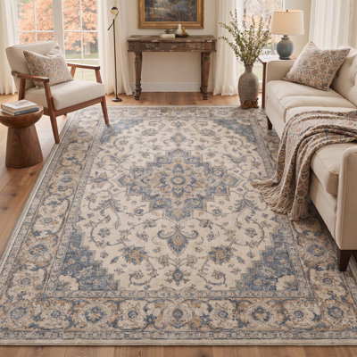 Tapis traditionnel ivoire / bleu Performance à poils courts et antidérapant