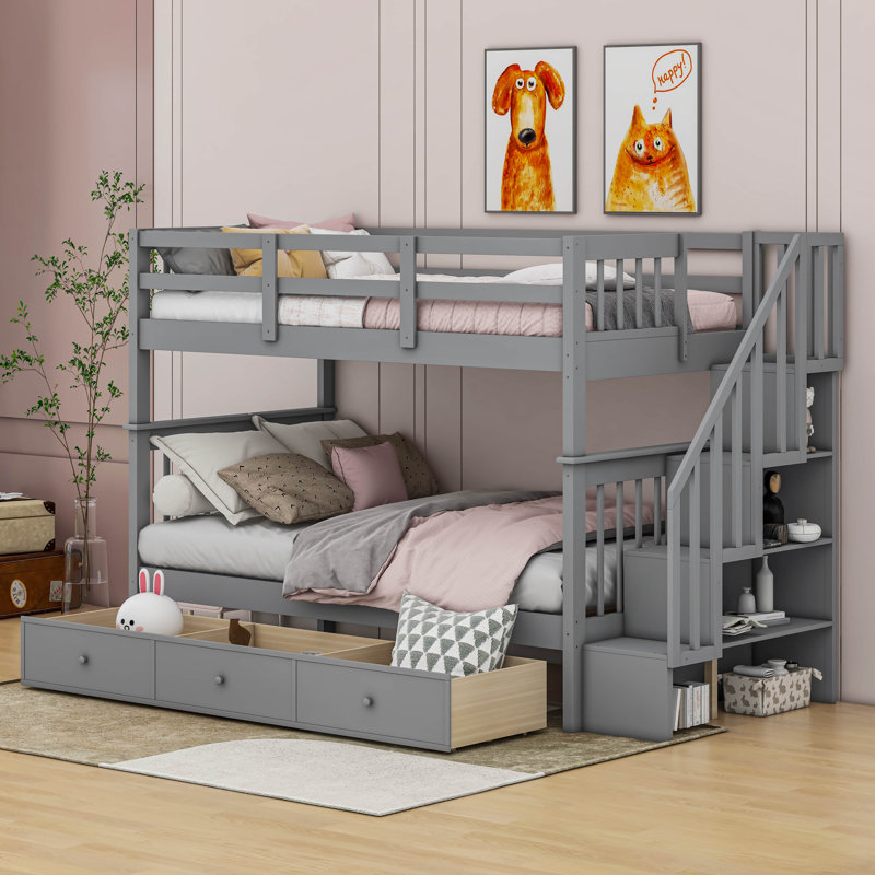 Hawah Kids Twin Over Twin Bunk Bed, Grey