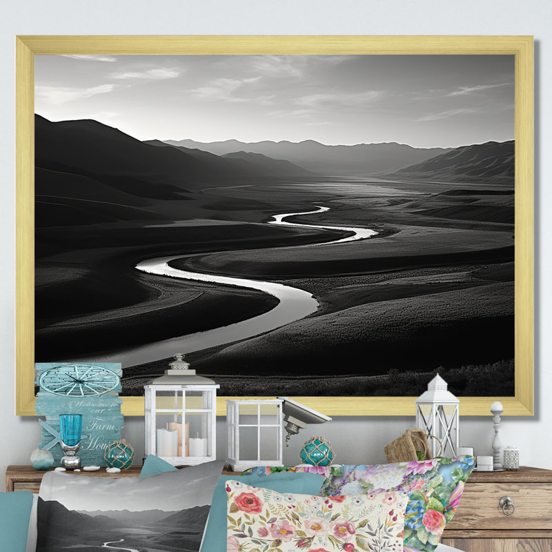 " Black And White Mountain River ", Gold Single Picture Framed, 16" H x 32" W x 1" D