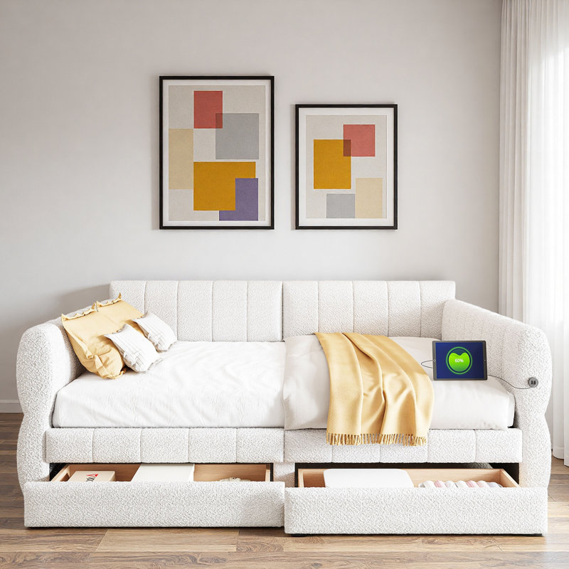Upholstered Daybed With Usb And 2 Drawers, White