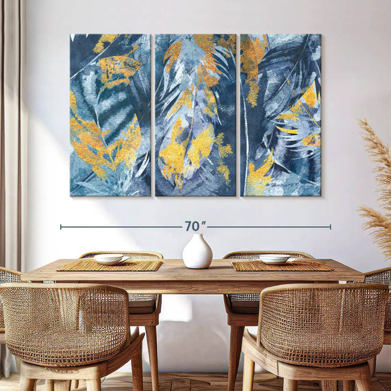 Kerner Gold Foil Blue Feathers Heap, 42" H x 65" W