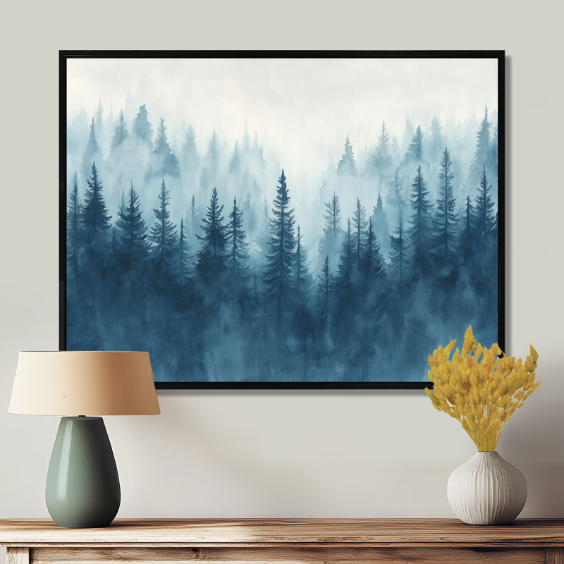 «Blue Cool Mist Forest I - Blue Woodland», art mural sur toile, H 12 po x l 20 po, Cadre flottant noir