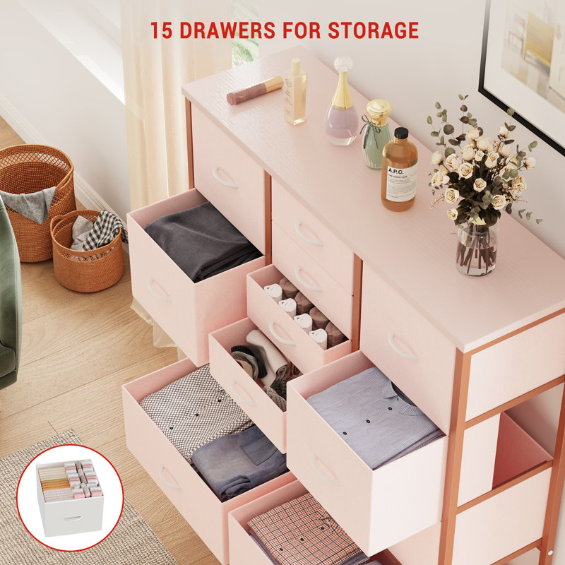 15 Drawer Tall Dresser Organizer – Spacious Fabric Storage Chest with Sturdy Metal Frame & Wood Top, Easy-Pull Handles, Ideal for Bedroom, Closet, Hallway or Living Room – Pink