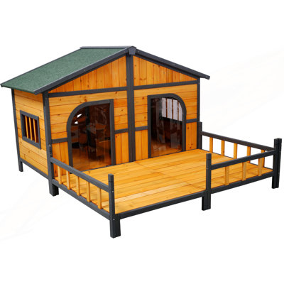 Grande niche pour chien, chenil extérieur double XL avec plancher surélevé et porche, abri pour chiots de petite et moyenne taille résistant aux intempéries