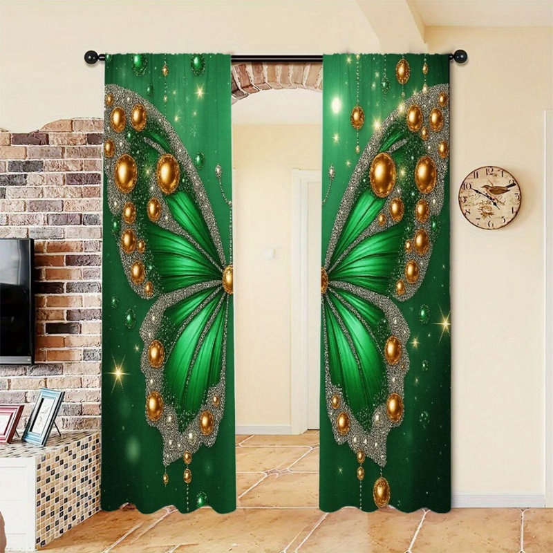 2Pcs Emerald Butterfly Curtains, Green With Gold Ornaments Pattern, Rod Pocket Light Filtering, Luxurious Elegant Style, All-Season For Living Room Bedroom Home Decor