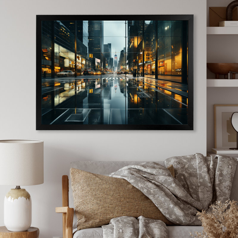 «Skyscrapers Urban Mirage Slate» sur toile, Cadre photo noir, H 12 po x l 20 po x P 1 po