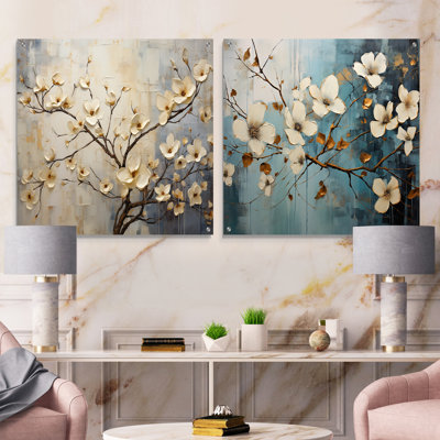 «Peacefulness White Dogwood - Dogwood», ensemble d'art mural en verre acrylique sur 2