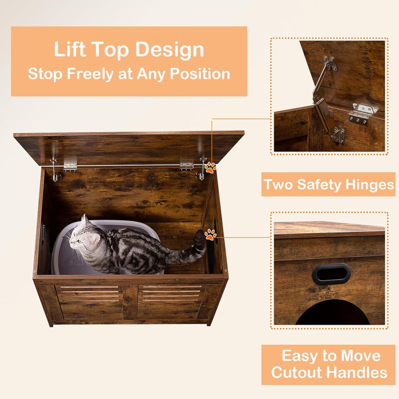 Rustic Brown Wooden Cat Litter Box Enclosure Cabinet