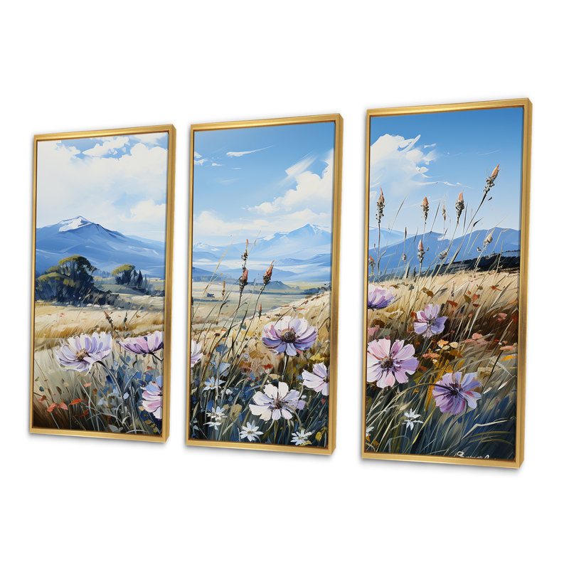 Ensemble de salon mauve à fleurs mauves en montagne, Cadre flottant doré, H 28 po x l 36 po x P 1 po