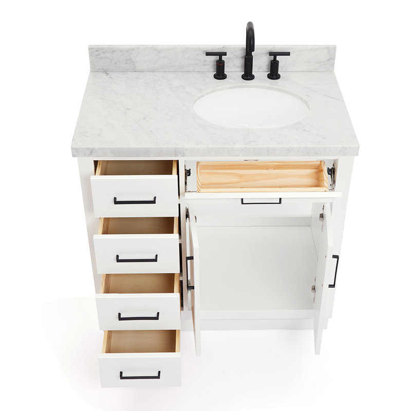 Meuble-lavabo simple en bois massif 36 po Tidworth avec plateau en marbre de Carrare 1,5 po, Oui, Ovale, Blanc