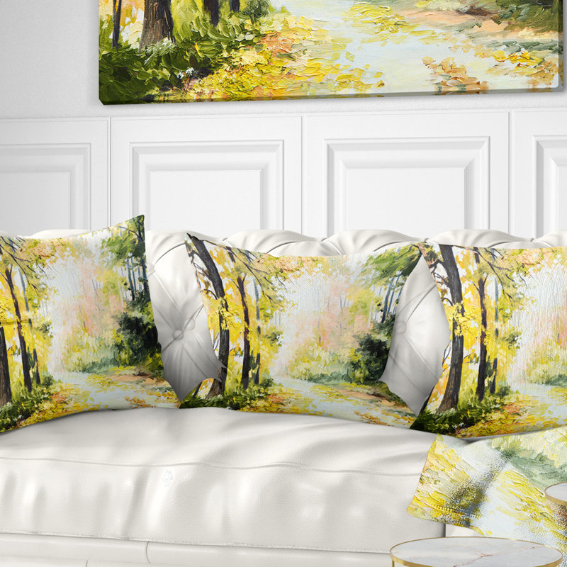 Route dans une forêt colorée - coussin à imprimé paysage, 18 po x 18 po, Coussin décoratif