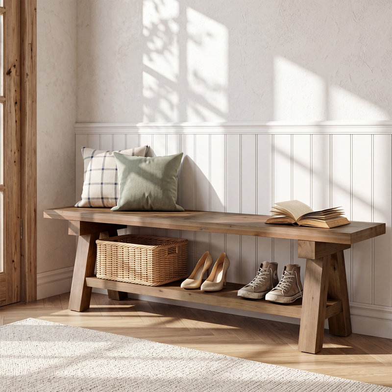 Upholstered Bench with Shelves