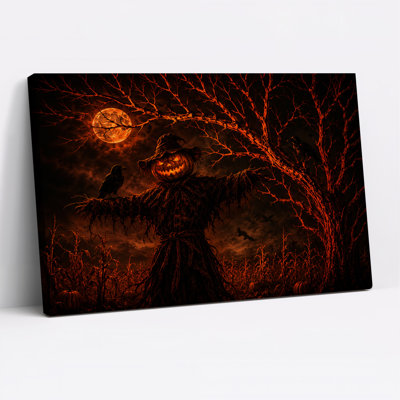 Scarecrow with Glowing Pumpkin Head in Orange Halloween Canvas Wall Art