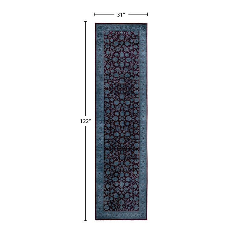 Tapis de couloir noué à la main de conception unique Rachal - gris, 2 pi 7 po x 10 pi 2 po