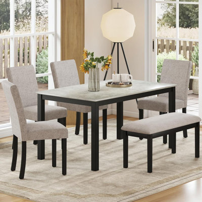 6-Piece Dining Table Set With Bench – 58.5″ Solid Wood Kitchen Table With Concrete-Effect Melamine Tabletop And 4 Upholstered Chairs, Industrial Chic Design For Dining Room, Kitchen, Restaurant, Grey & Black