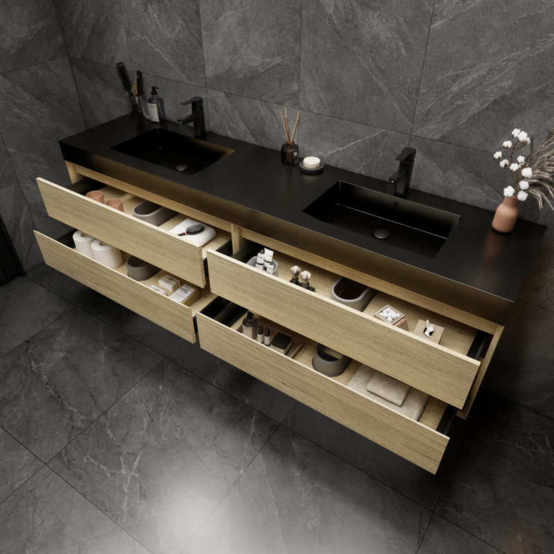 Golitz 83.46'' Double Bathroom Vanity with Stainless Steel Top, Teak