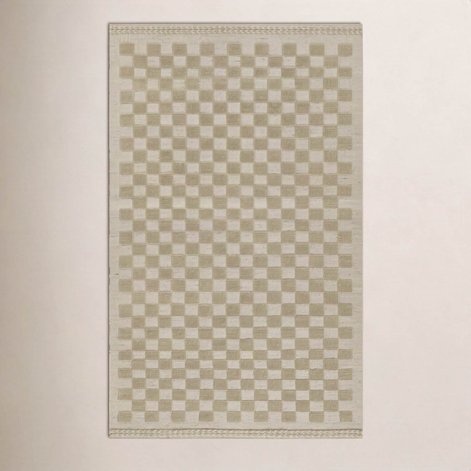 Azle Beige Tan Hand-Woven Checkered Wool Rug, Rectangle 9' x 12'