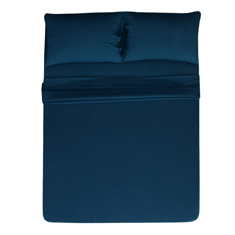 Jersey Knit King Size Sheets 4pc|100% T-Shirt Cotton Breathable Jersey Sheets Set| All Season , Navy, King, Navy