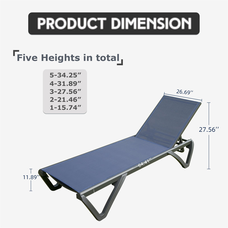 Outdoor Lounge Chair, Aluminum Plastic Patio Chaise Lounge with Side Table , 5 Position Adjustable Backrest and Wheels, Navy