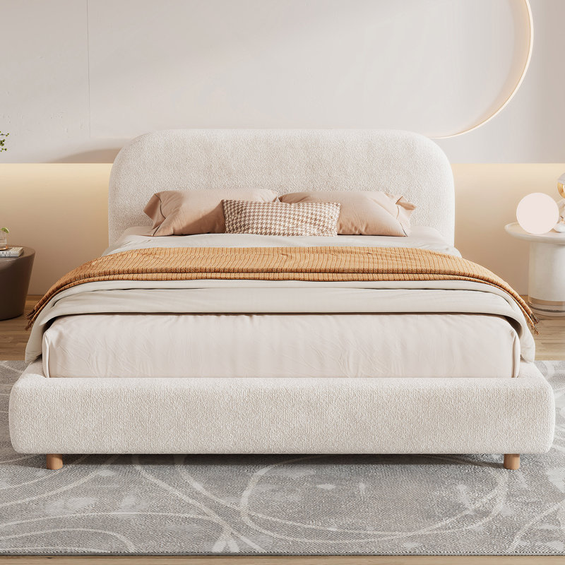  Platform Bed with  Fabric,  Fabric Upholstered Platform Bed with Curve-Shaped Design Headboard, Easy Assembly, White Boucle