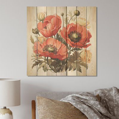 Red Serene Poppy Meadows III - Poppy On Wood Print