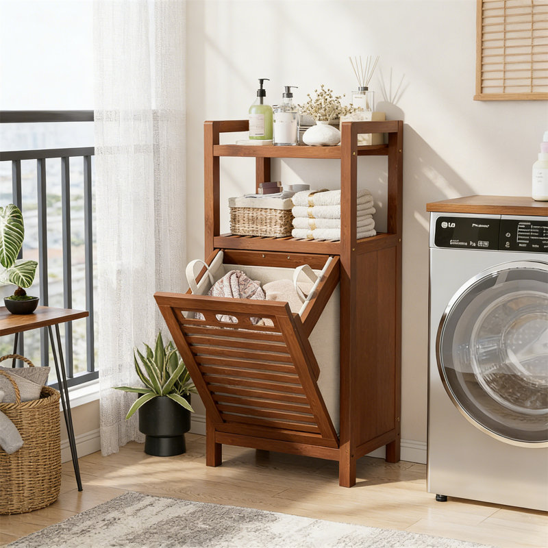 Tilted Laundry Basket, 10 Gallon Bamboo Laundry Storage Cabinet With Detachable Basket, Hidden Laundry Basket Storage Rack, Suitable For Bathrooms And Laundry Rooms, Saving Space