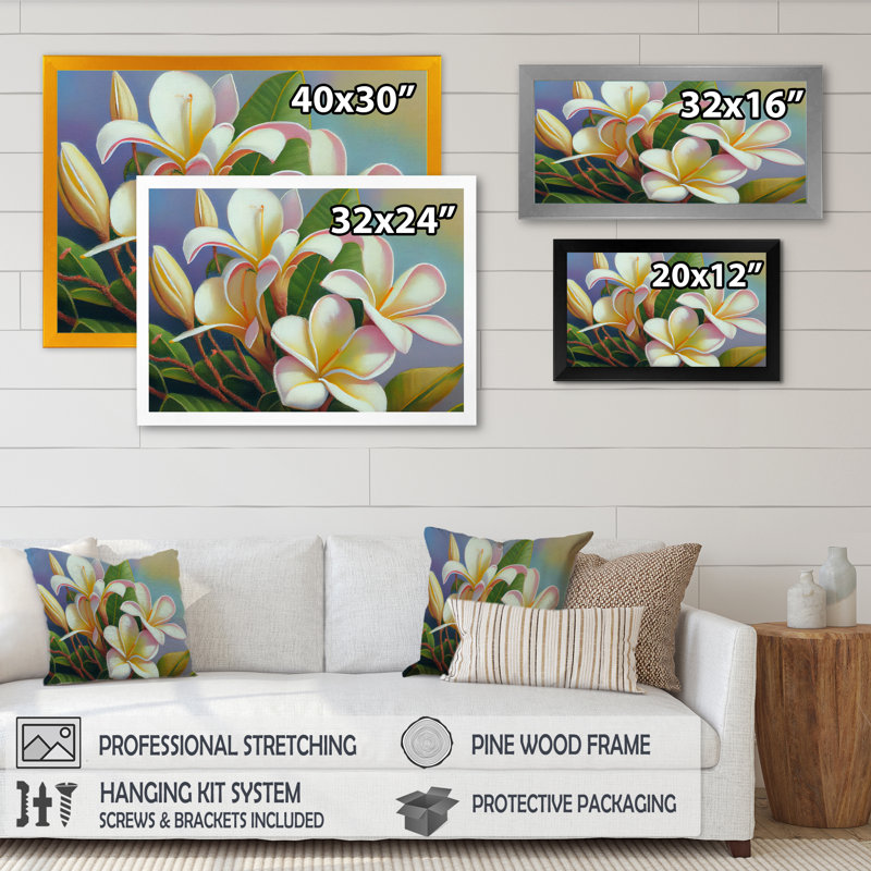 «White and Yellow Blossoming Plumeria III», reproduction sur toile, Cadre simple noir, H 12 po x l 20 po x P 1 po