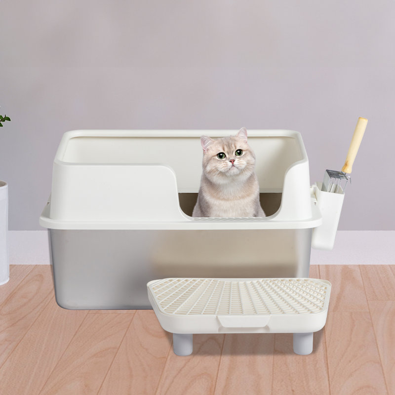 Litière pour chat en acier inoxydable l 23 po x H 13 po avec filtre à pédale et pelle sans odeur Facile à nettoyer, Blanc