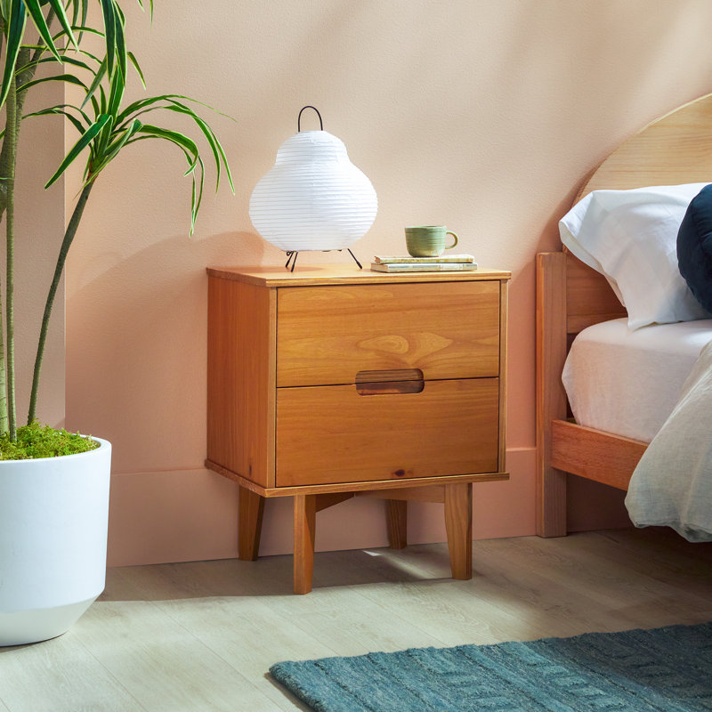 Solid Wood Groove Handle 2-Drawer Nightstand, Caramel