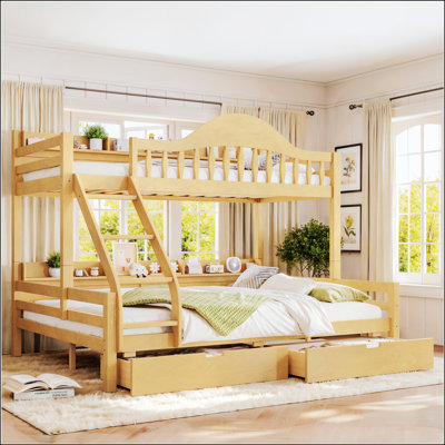 Lit superposé simple au-dessus de grand lit simple avec tiroirs de rangement, garde-corps courbé chic et tablettes de rangement latérales, cadre de lit superposé en bois massif avec échelle, pas de sommier tapissier nécessaire. Beige