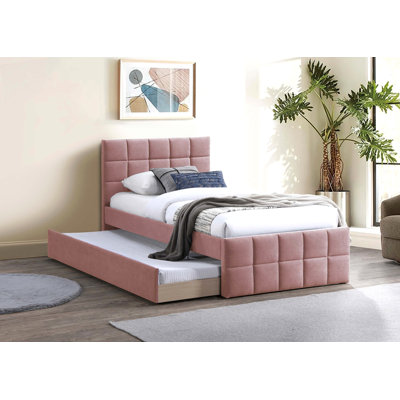 Contemporary Style 1pc Full Size Bed w/ Trundle Upholstered Headboard And Footboard Grid Pattern Light Pink Finish Bedroom Furniture