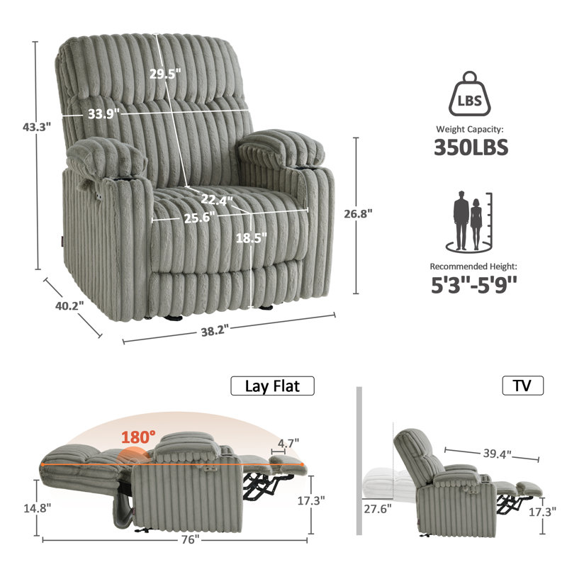 Fauteuil inclinable électrique à 180 ° avec système de chauffage intégral, Gris clair