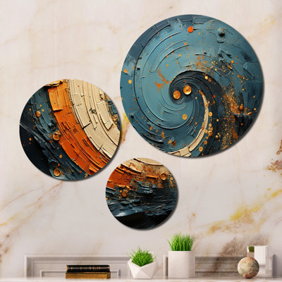 Ensemble de 3 décorations murales spirale abstraite sarcelle orange en métal