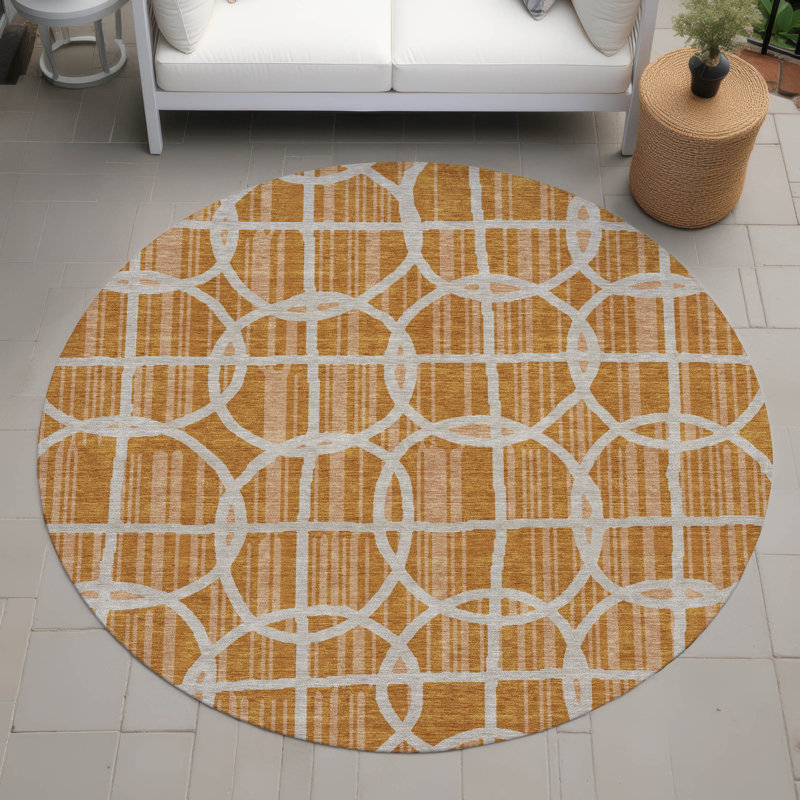 Machine Washable Indoor/Outdoor Chantille ACN2769 Geometric Rug, 8' Round, Curry