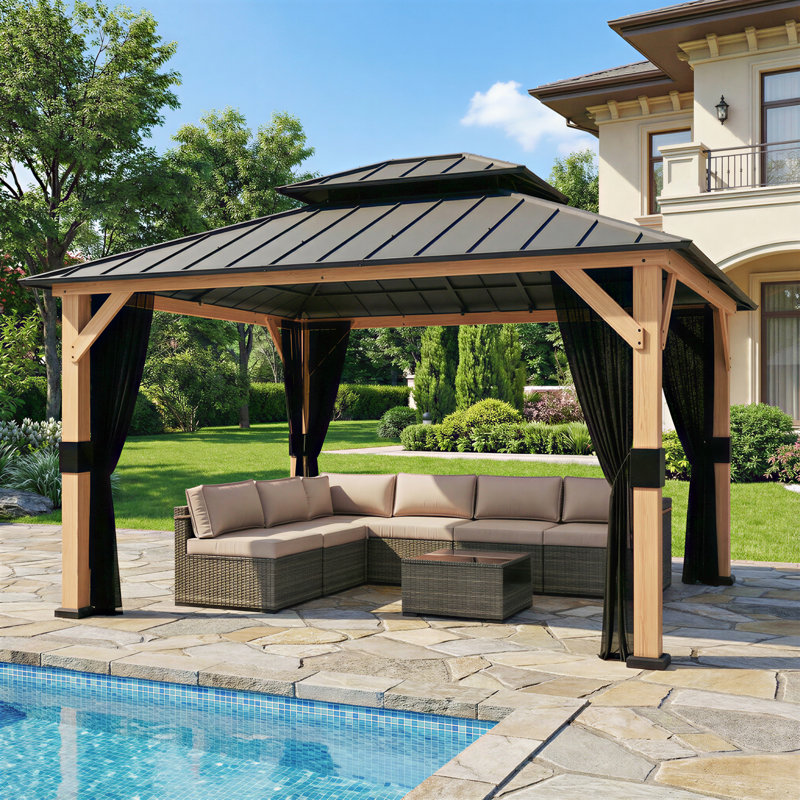13FT X 11FT Solid Wood Outdoor Hard Top Patio Gazebo
with Ceiling Hook,Mosquito Netting