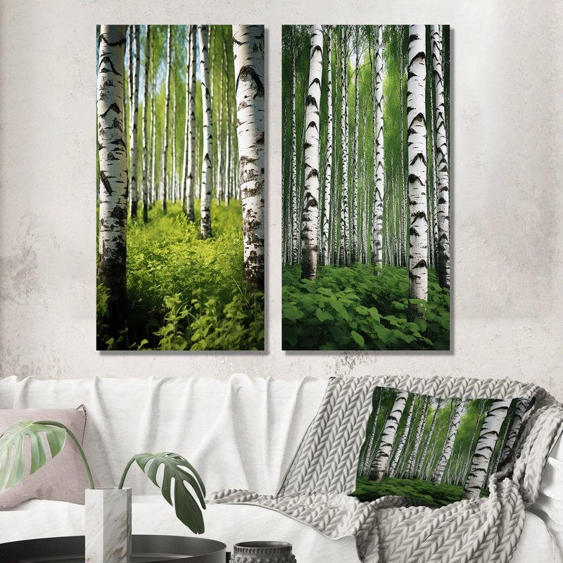 «White Green Birch Tree Whispers», 2 pièces sur toile, Toile tendue, H 40 po x l 40 po