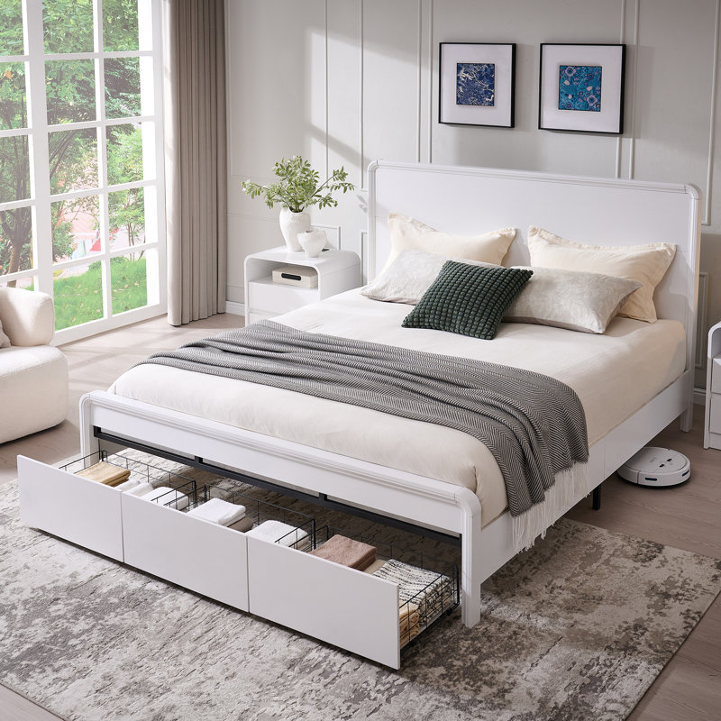 Base de lit très grand Maud avec tête de lit de 50 po de hauteur, cadre de lit plateforme en bois avec pied de lit courbé de 18,86 po et 3 grands tiroirs de rangement, aucun sommier tapissier nécessaire