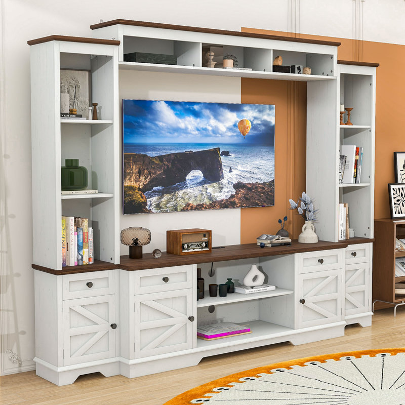 Entertainment Center with Shelves, 4 Drawers, Cabinets and Built‑In Power Outlets, White/Walnut