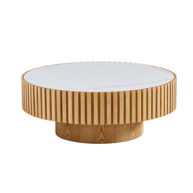 35.43'' Nesting Round Sintered Stone Tabletop Drum Coffee Table, Oak, Sintered Stone, White