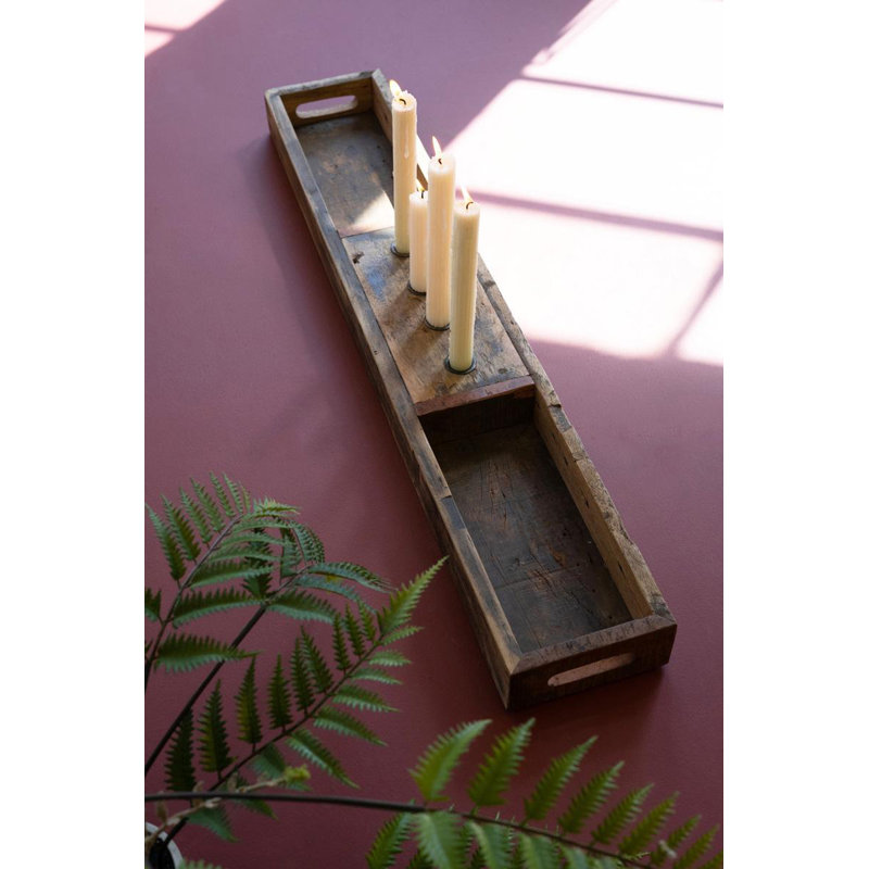  Recycled Wood Candle Holder Tray with Four Taper Inserts Rustic Decorative Tabletop Decor Accent Brown