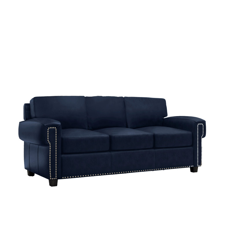  Fardin 87" Genuine Leather Square Arm Sofa, Blue Genuine Leather