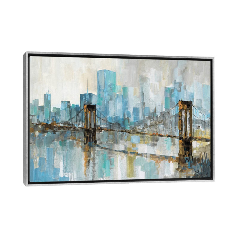 Teal City Shadows par Ruane Manning - reproduction d'art, H 26 po x l 40 po x 1,5 po, Toile avec cadre argenté, Aucun mat