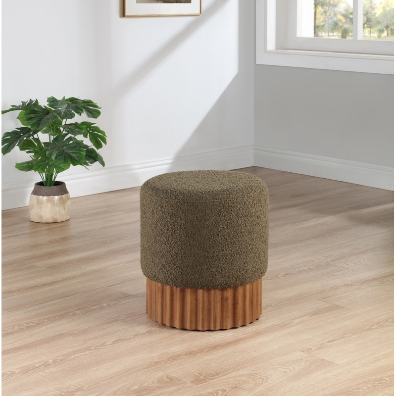 Veranda Upholstered Ottoman, Olive Boucle Fabric, Walnut