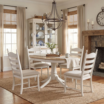 5-Piece Dining Table Set, Extendable Round Table and 4 Upholstered Chairs, Solid Wood Dining Set of 5, Seats up to 6 People for Kitchen Dining Room