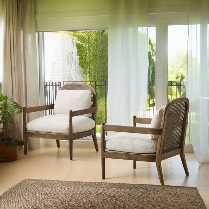 Ensemble de chaises d'appoint Mid-Century Modern - Structure en bois massif avec dossier en rotin, Beige
