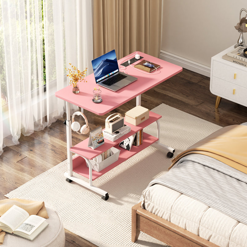 Susse 31"Bedside Computer Table with Power Outlet and Adjustable Height, Pink/White