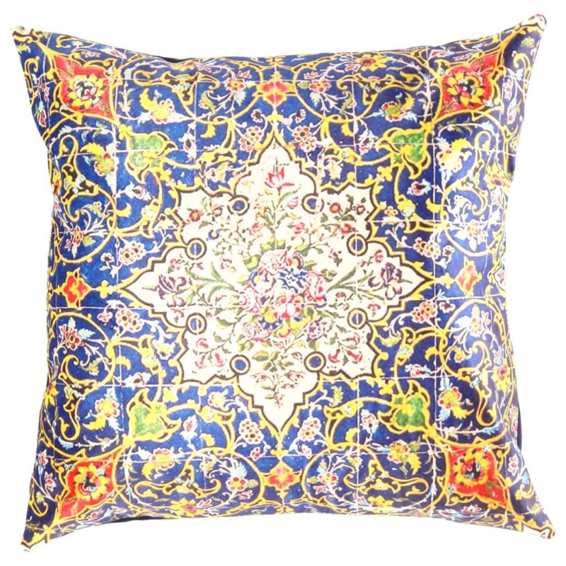Coussin décoratif en velours, H 20 po x l 20 po, Carré, Bleu marine / jaune