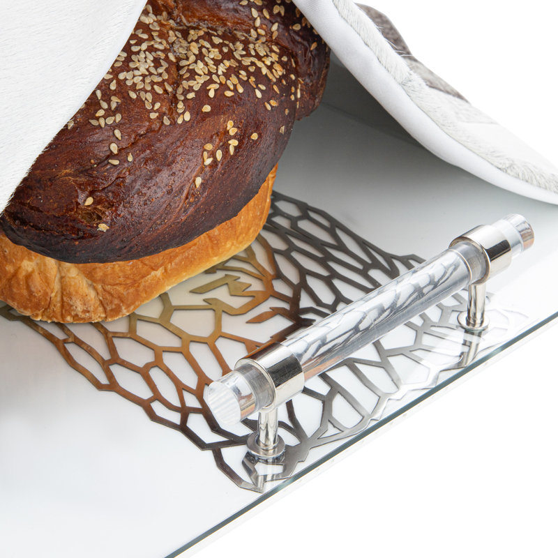 Acrylic Challah Tray With Cylinder Handles, Silver/Clear